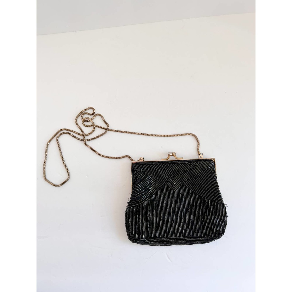 MAGID Women's VINTAGE Black Bead Snap Top Handmade Chain Strap Evening Bag sz OS